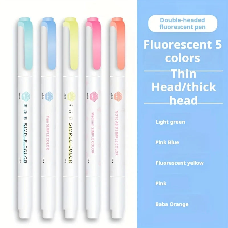 5 Colors Double Headed Highlighter Pen Set Fluorescent Drawing Markers Highlighters Pens Art Japanese Cute Pastel Stationery