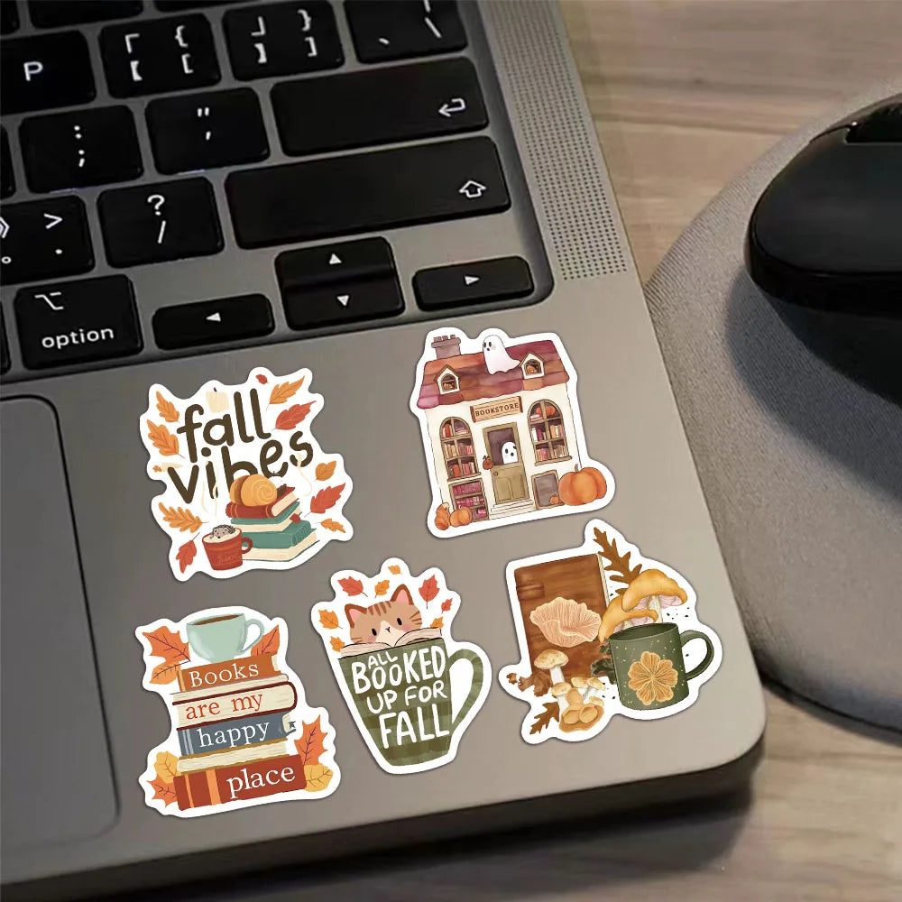50PCS Bookish Autumn Graffiti Stickers Cartoon Cute Ghost Books Graffiti DIY Bookbook Notebook Stickers