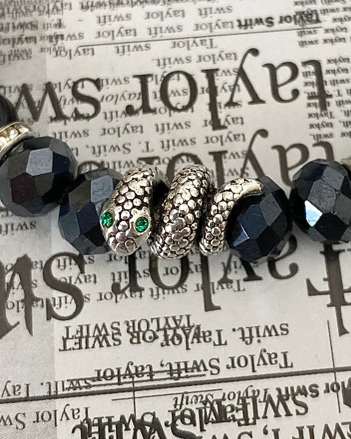 Reputation-Era Inspired Friendship Bracelet – Black Crystal Beads & Snake Charm | Dark Feminine Fan Accessory