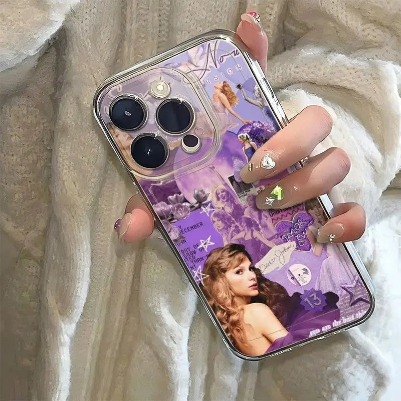 Purple Aesthetic Pop Star Collage Phone Case – Shockproof Clear Cover for iPhone (7–16 Series)