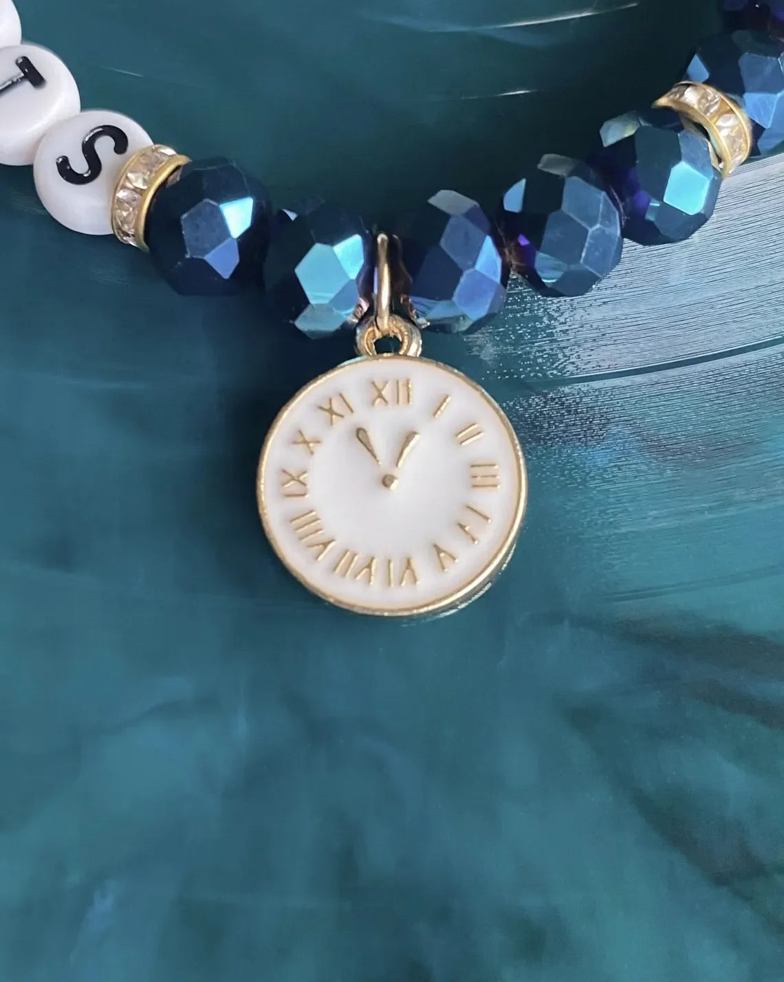Midnights-Inspired Friendship Bracelet • Blue Crystal Beads + Clock Charm • Swiftie Bracelet Gift