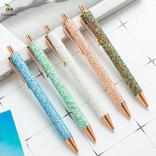 Lytwtw's Roller Ballpoint Pen Rhinestone Luxury Cute Wedding Rose Gold Metal Stationery School Office Supply Spinning