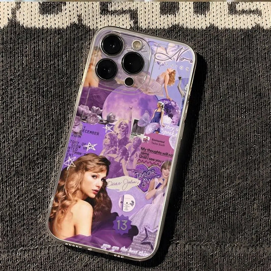 Purple Aesthetic Pop Star Collage Phone Case – Shockproof Clear Cover for iPhone (7–16 Series)