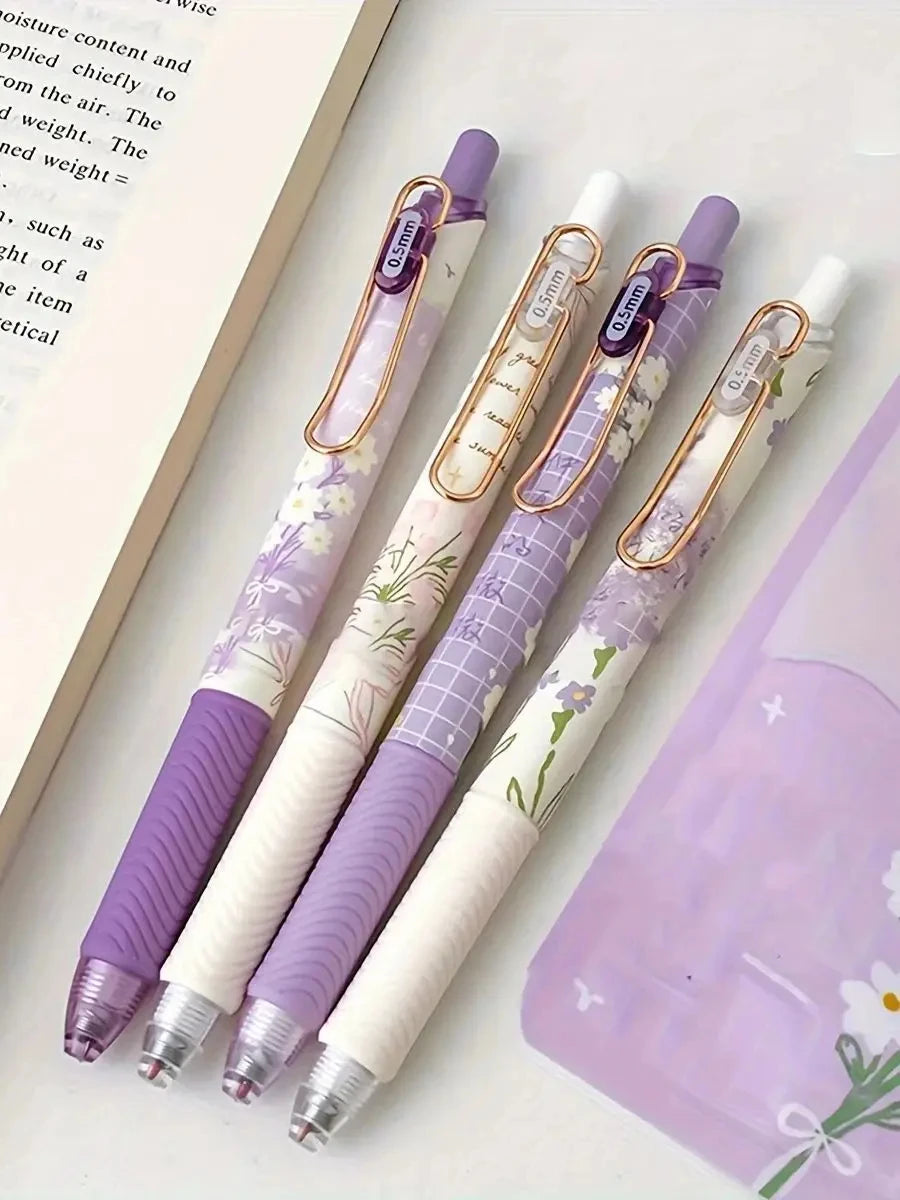 4pcs Cute Floral Retractable Gel Pen Set 0.5mm Fine Point Quick-Drying Black Ink Smooth Writing Pens for Office School Supplies