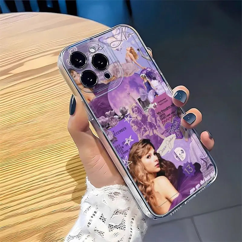 Purple Aesthetic Pop Star Collage Phone Case – Shockproof Clear Cover for iPhone (7–16 Series)