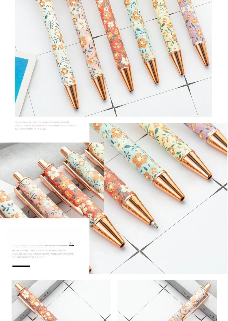 12pcs Floral Art Ballpoint Pens, 1.0mm Fashionable Retractable Ballpoint Pen Black Ballpoint Personalized Pens