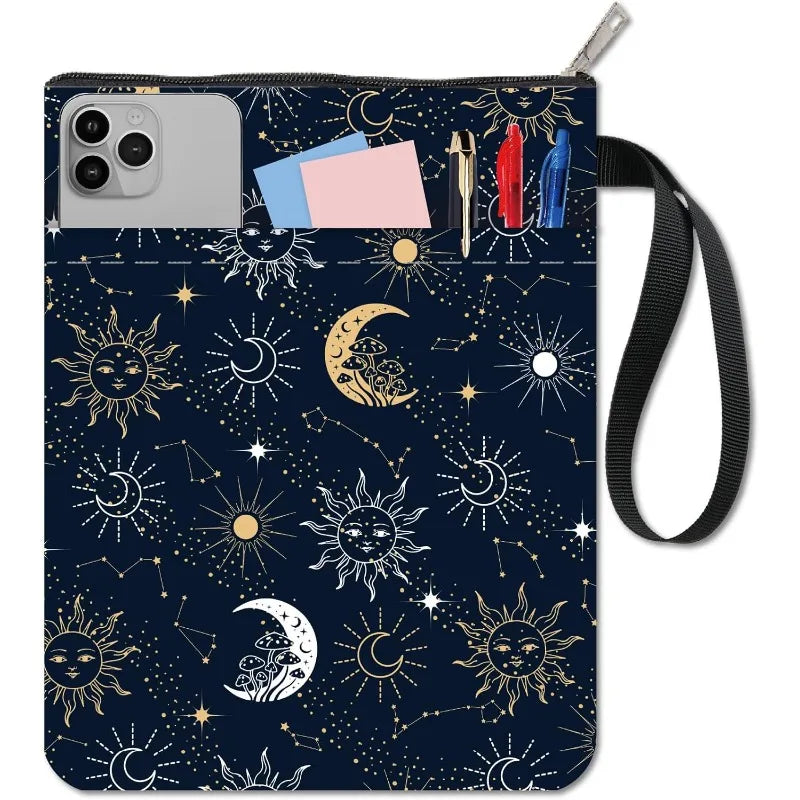 1 pc Sun Moon Star Book Sleeve with Zipper Galaxy Boho Book Protector Pouch for Paperback Black Space Waterproof Fabric