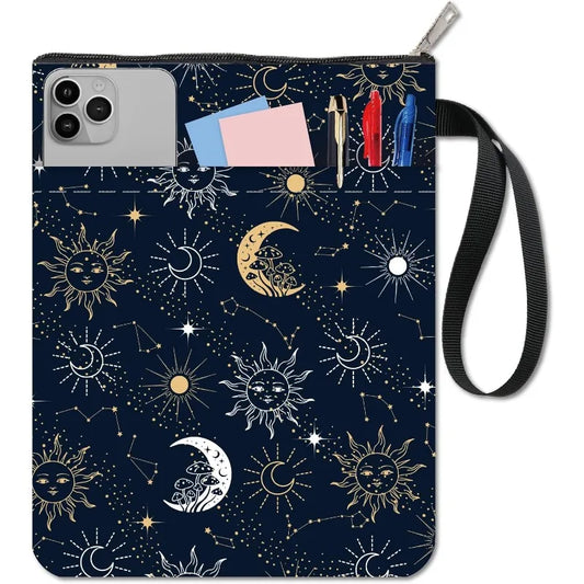 1 pc Sun Moon Star Book Sleeve with Zipper Galaxy Boho Book Protector Pouch for Paperback Black Space Waterproof Fabric