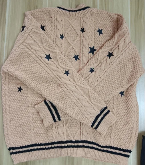 Fearless-Era Inspired Knitted Cardigan – Star Embroidered Cable Knit | Fan-Made Dupe