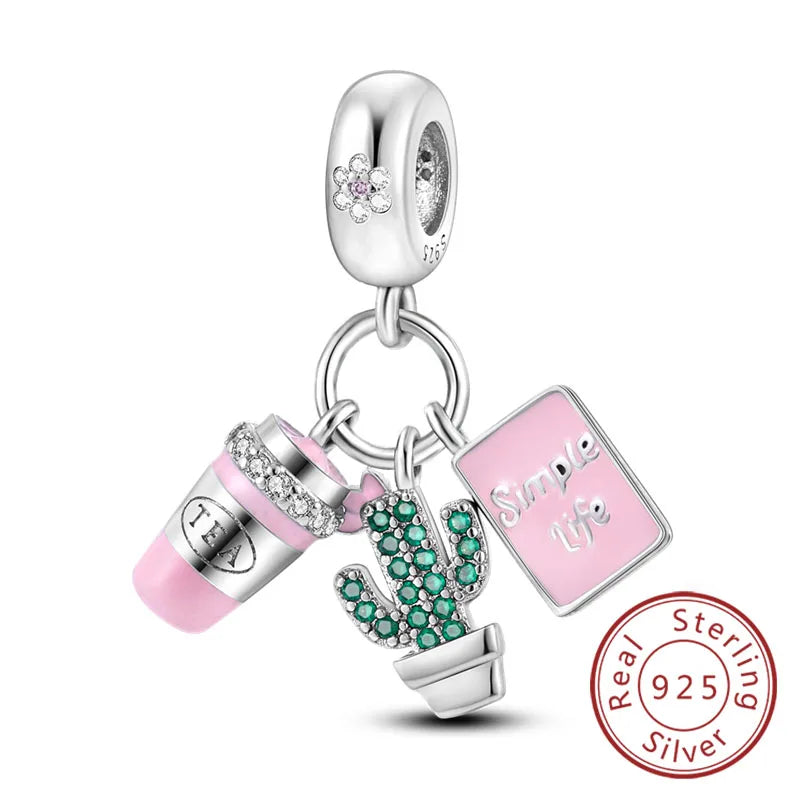 Fit Original 925 Sterling Silver Charms Beads Wine Glass Coffee Cup Charms Pendant For Women Bracelet Charms DIY Jewelry Gift