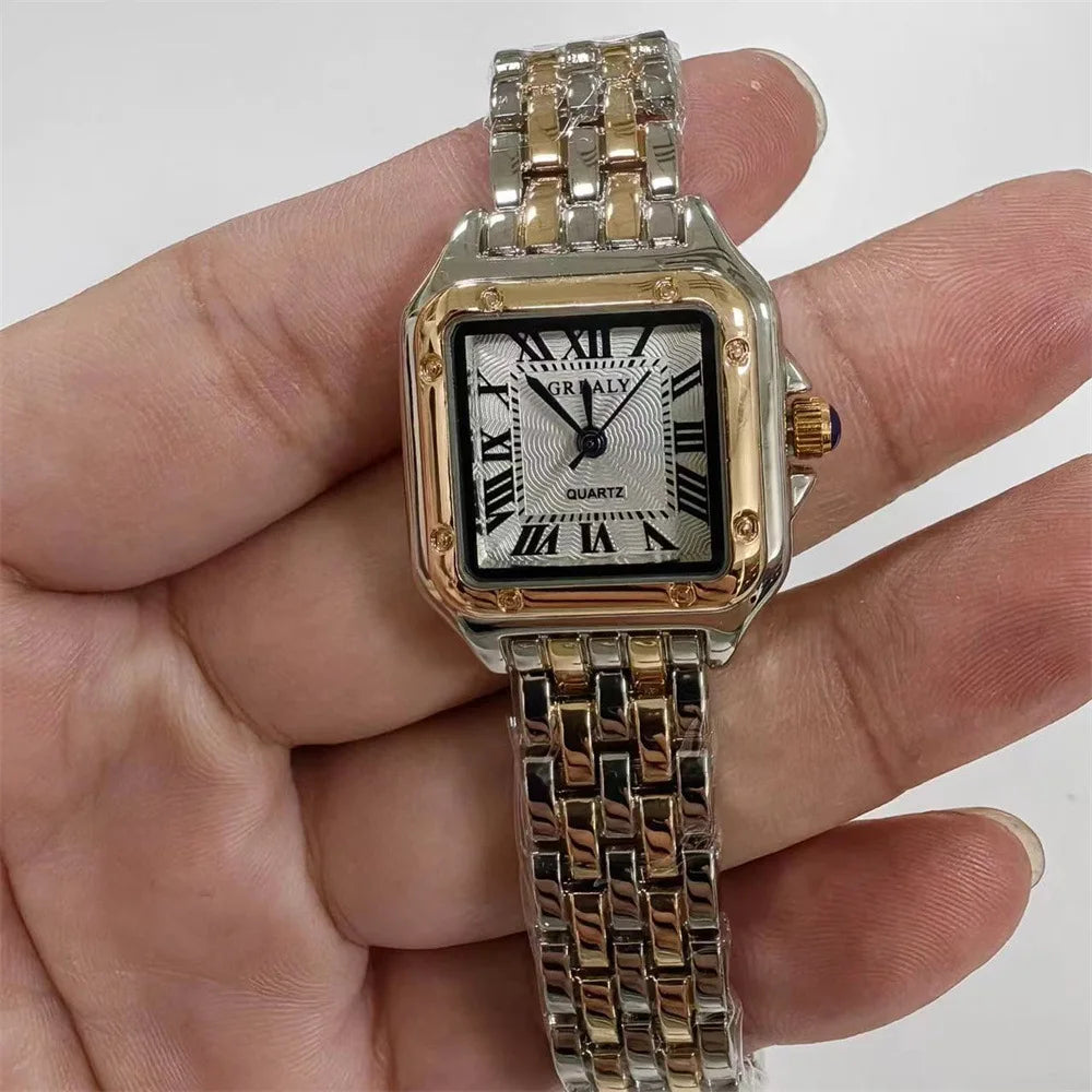 Gold Square-Link Bracelet Watch • Vintage Roman Dial • Luxury-Inspired Women’s Quartz Watch
