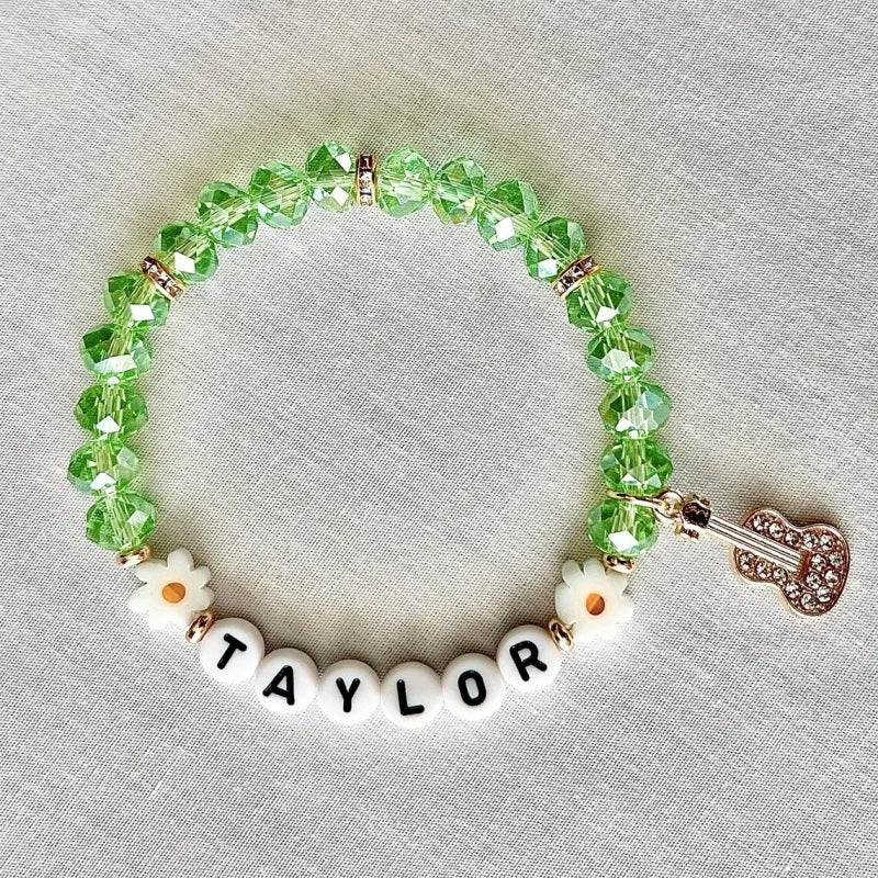 Debut-Era Inspired Friendship Bracelet – Green Crystal Beads & Guitar Charm | Aesthetic Fan Gift
