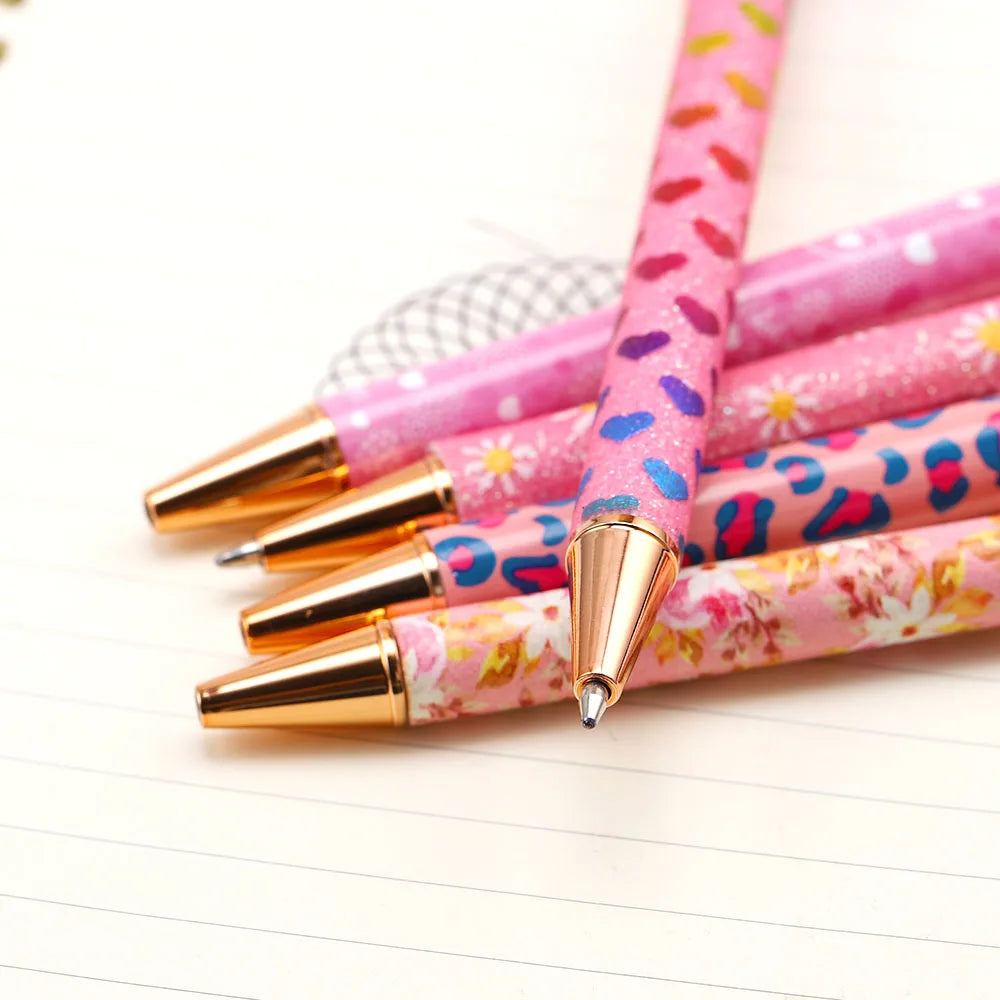 Lytwtw's Press Ballpoint Pen Luxury Cute Kawaii Pink Roseo Metal Stationery School Office Supplies Spinning 5 Pieces