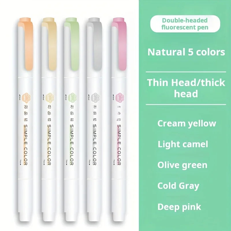 5 Colors Double Headed Highlighter Pen Set Fluorescent Drawing Markers Highlighters Pens Art Japanese Cute Pastel Stationery