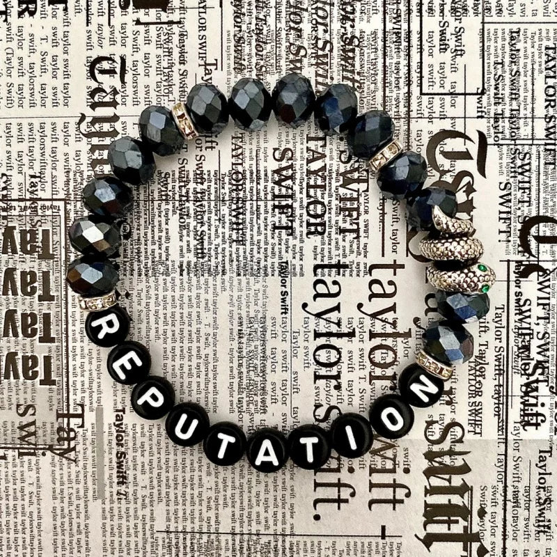Reputation-Era Inspired Friendship Bracelet – Black Crystal Beads & Snake Charm | Dark Feminine Fan Accessory