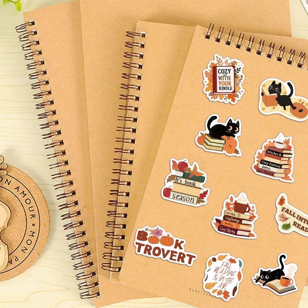 50PCS Bookish Autumn Graffiti Stickers Cartoon Cute Ghost Books Graffiti DIY Bookbook Notebook Stickers