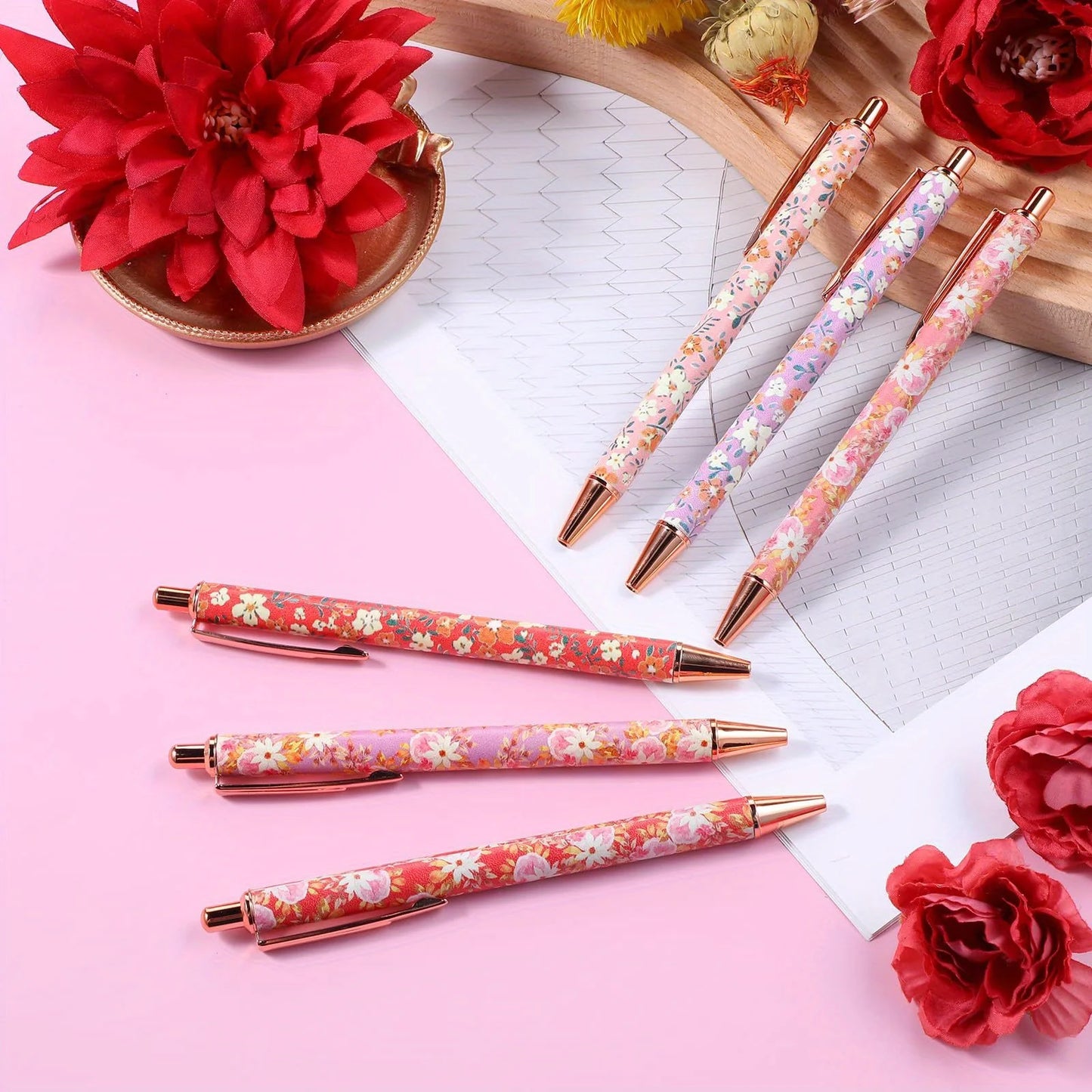 12pcs Floral Art Ballpoint Pens, 1.0mm Fashionable Retractable Ballpoint Pen Black Ballpoint Personalized Pens