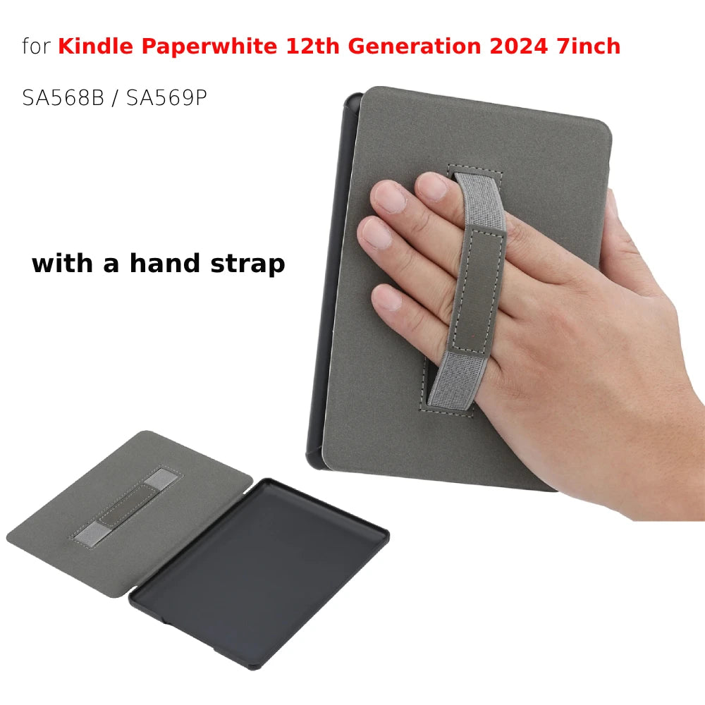 For Kindle Paperwhite 12th Generation Case 2024 Signature Edition 7 inch Leather Case with Hand Strap SA568B Auto Sleep Cover