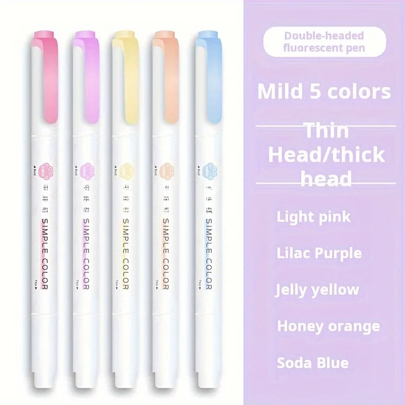 5 Colors Double Headed Highlighter Pen Set Fluorescent Drawing Markers Highlighters Pens Art Japanese Cute Pastel Stationery