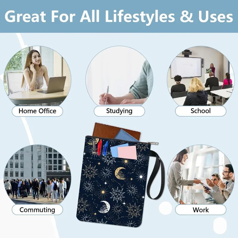 1 pc Sun Moon Star Book Sleeve with Zipper Galaxy Boho Book Protector Pouch for Paperback Black Space Waterproof Fabric