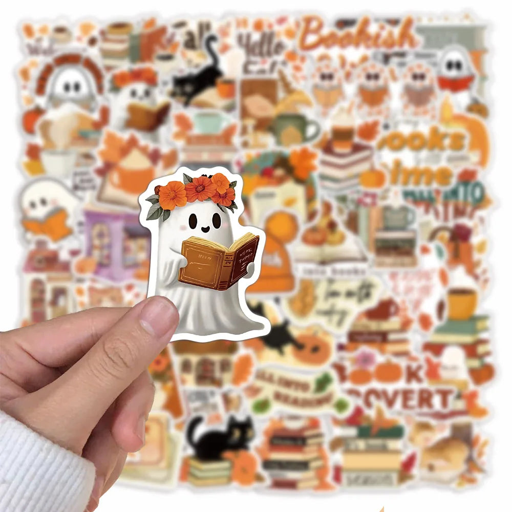 50PCS Bookish Autumn Graffiti Stickers Cartoon Cute Ghost Books Graffiti DIY Bookbook Notebook Stickers