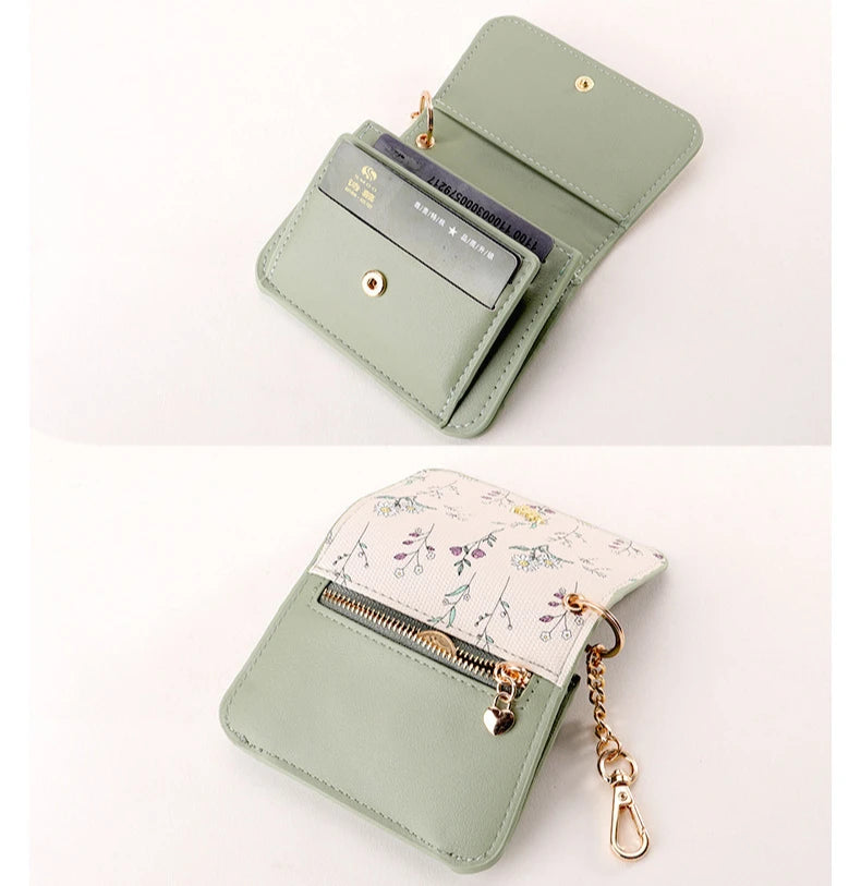 Card Bag Keychain Coin Purses Women's Compact Portable Change Bag Thin Design PU Leather Floral Print Coin Holders for Women