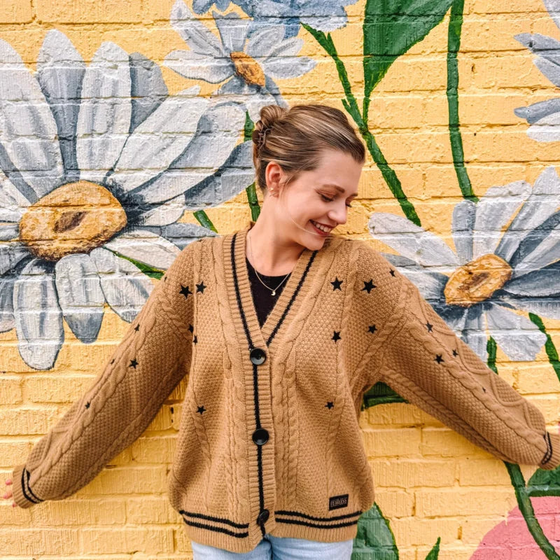 Fearless-Era Inspired Knitted Cardigan – Star Embroidered Cable Knit | Fan-Made Dupe