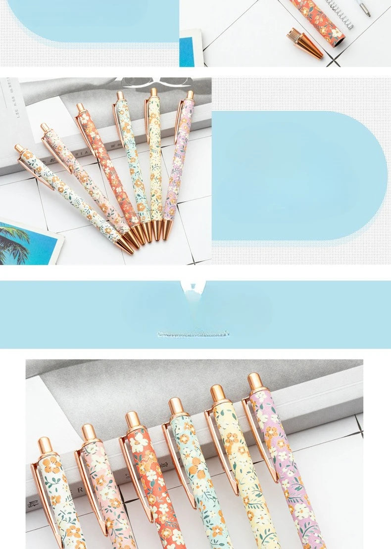 12pcs Floral Art Ballpoint Pens, 1.0mm Fashionable Retractable Ballpoint Pen Black Ballpoint Personalized Pens