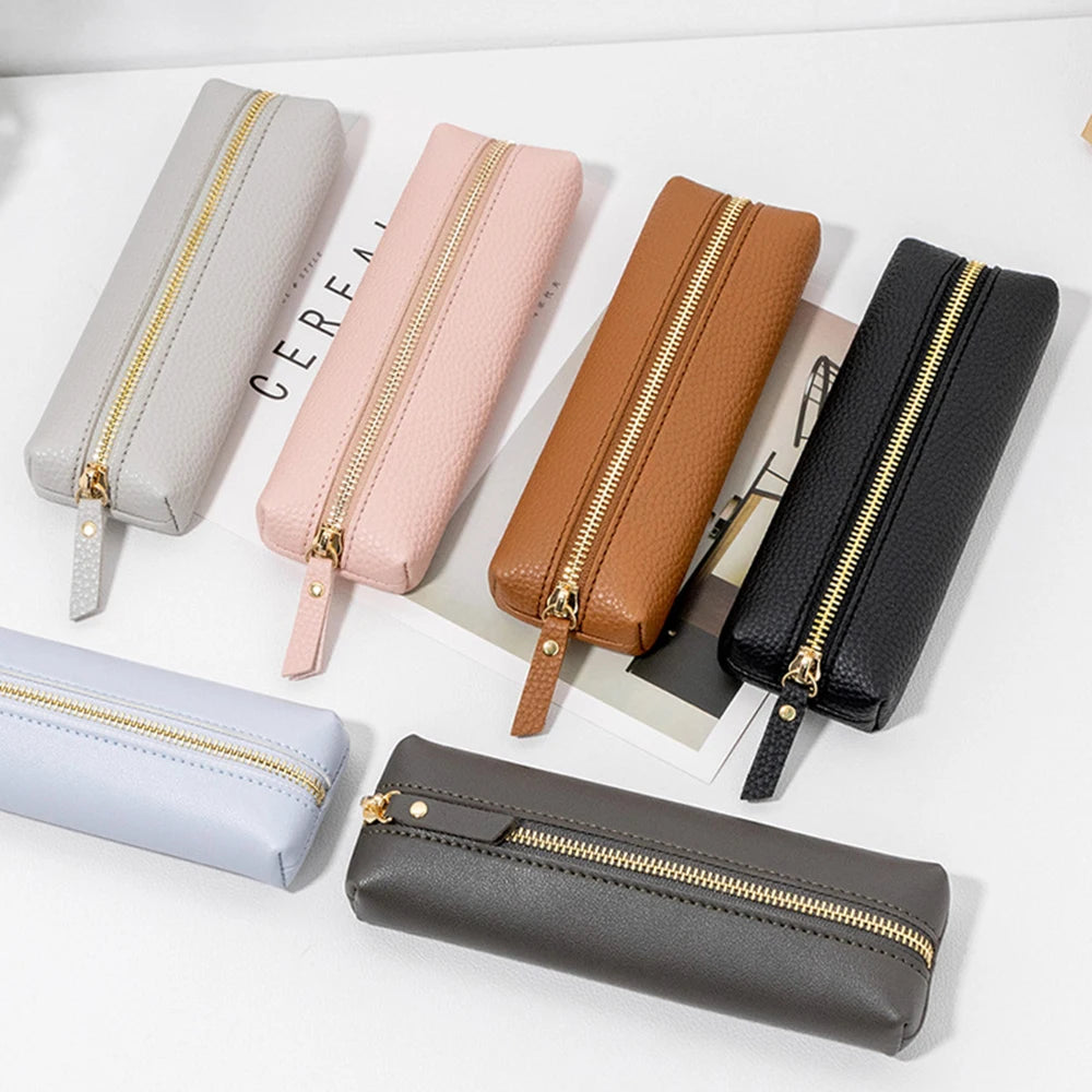 Large Capacity Pen Bag PU Leather Pen Case Korean Stationery Holder Storage Box Zipper Pencil Pouch Student School Supplies