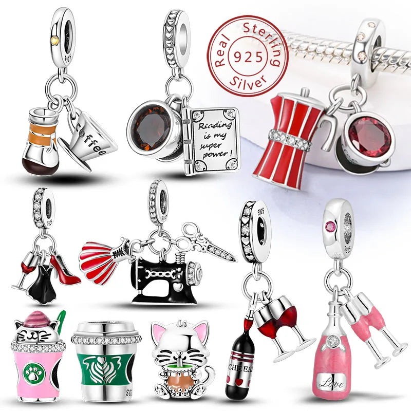 Fit Original 925 Sterling Silver Charms Beads Wine Glass Coffee Cup Charms Pendant For Women Bracelet Charms DIY Jewelry Gift