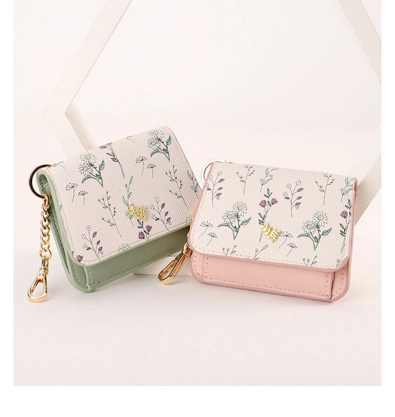 Card Bag Keychain Coin Purses Women's Compact Portable Change Bag Thin Design PU Leather Floral Print Coin Holders for Women