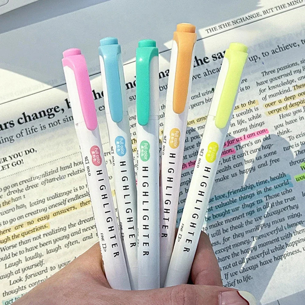 5 Colors Double Headed Highlighter Pen Set Fluorescent Drawing Markers Highlighters Pens Art Japanese Cute Pastel Stationery