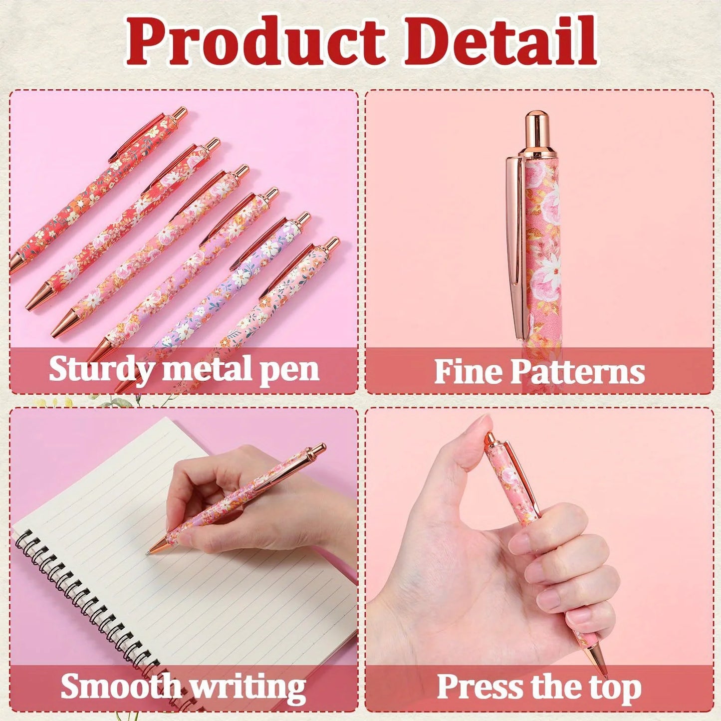 12pcs Floral Art Ballpoint Pens, 1.0mm Fashionable Retractable Ballpoint Pen Black Ballpoint Personalized Pens