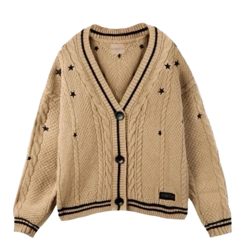 Fearless-Era Inspired Knitted Cardigan – Star Embroidered Cable Knit | Fan-Made Dupe
