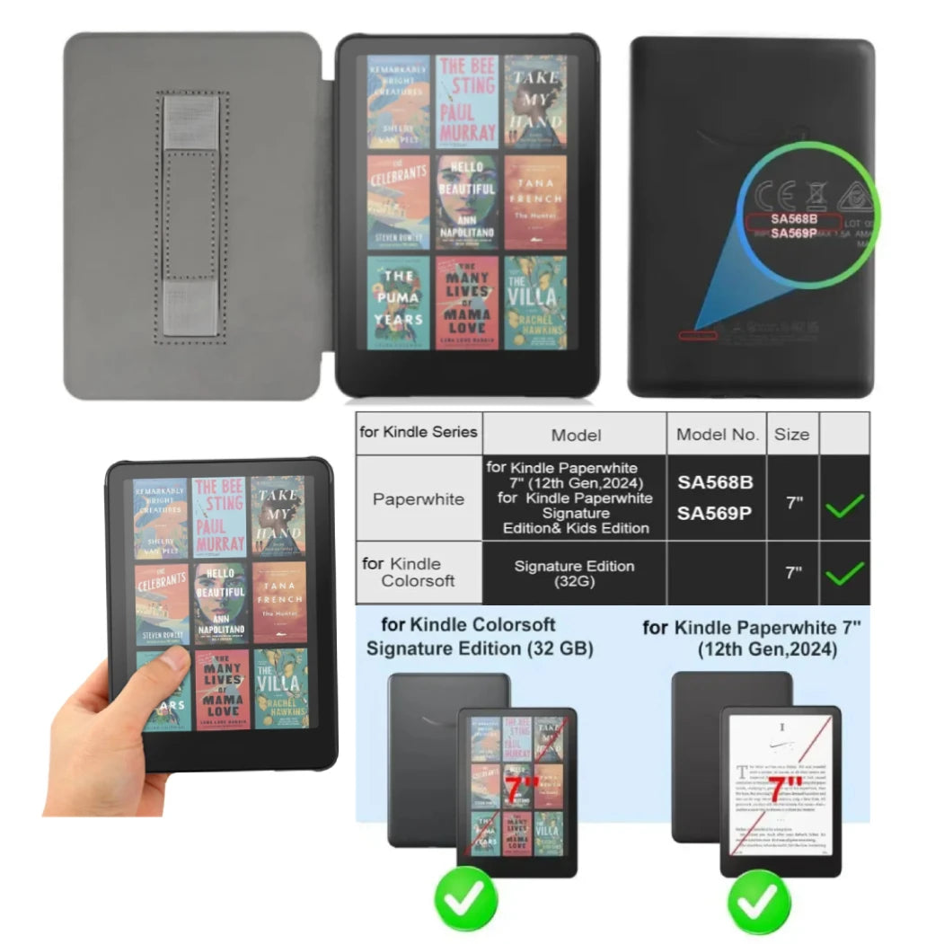 For Kindle Paperwhite 12th Generation Case 2024 Signature Edition 7 inch Leather Case with Hand Strap SA568B Auto Sleep Cover