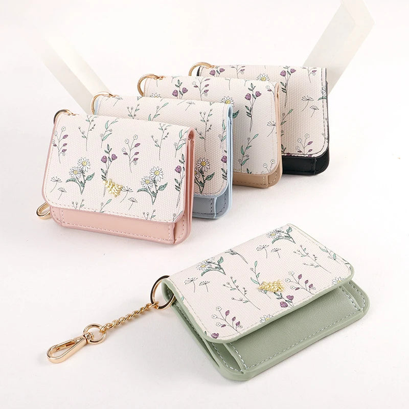 Card Bag Keychain Coin Purses Women's Compact Portable Change Bag Thin Design PU Leather Floral Print Coin Holders for Women