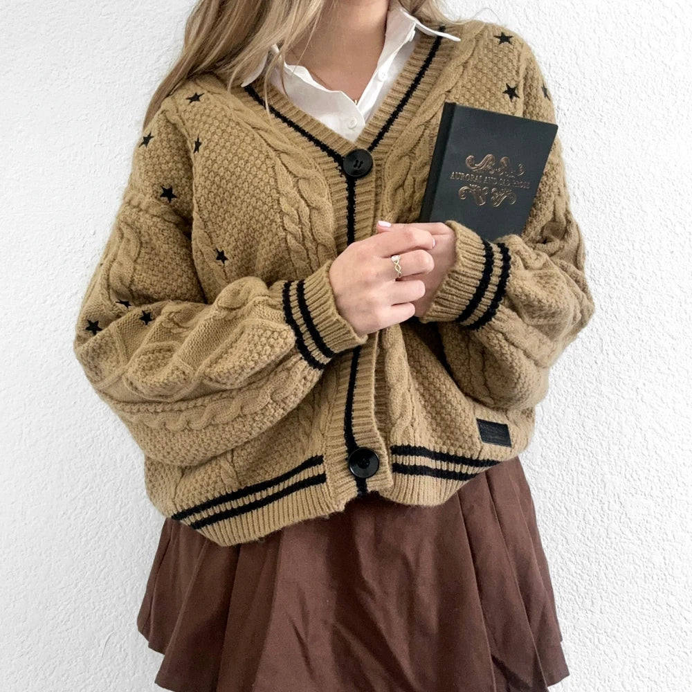 Fearless-Era Inspired Knitted Cardigan – Star Embroidered Cable Knit | Fan-Made Dupe