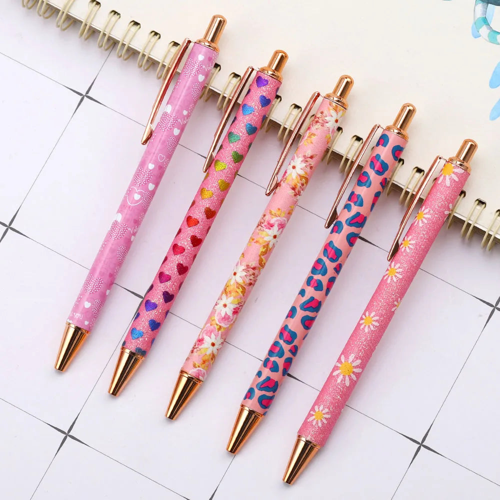 Lytwtw's Press Ballpoint Pen Luxury Cute Kawaii Pink Roseo Metal Stationery School Office Supplies Spinning 5 Pieces
