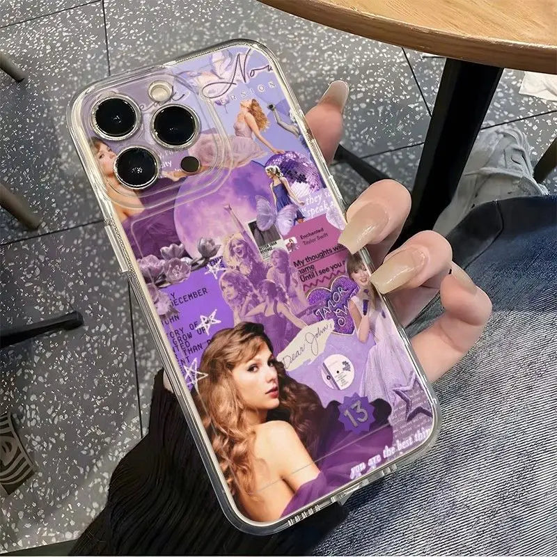 Purple Aesthetic Pop Star Collage Phone Case – Shockproof Clear Cover for iPhone (7–16 Series)