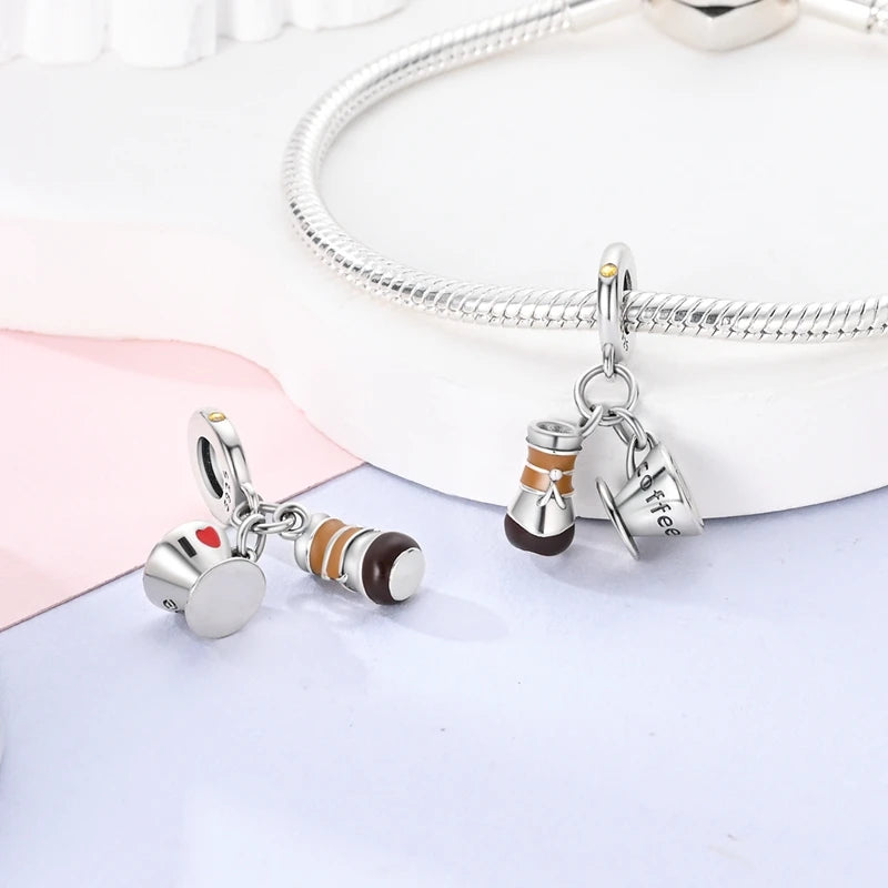 Fit Original 925 Sterling Silver Charms Beads Wine Glass Coffee Cup Charms Pendant For Women Bracelet Charms DIY Jewelry Gift