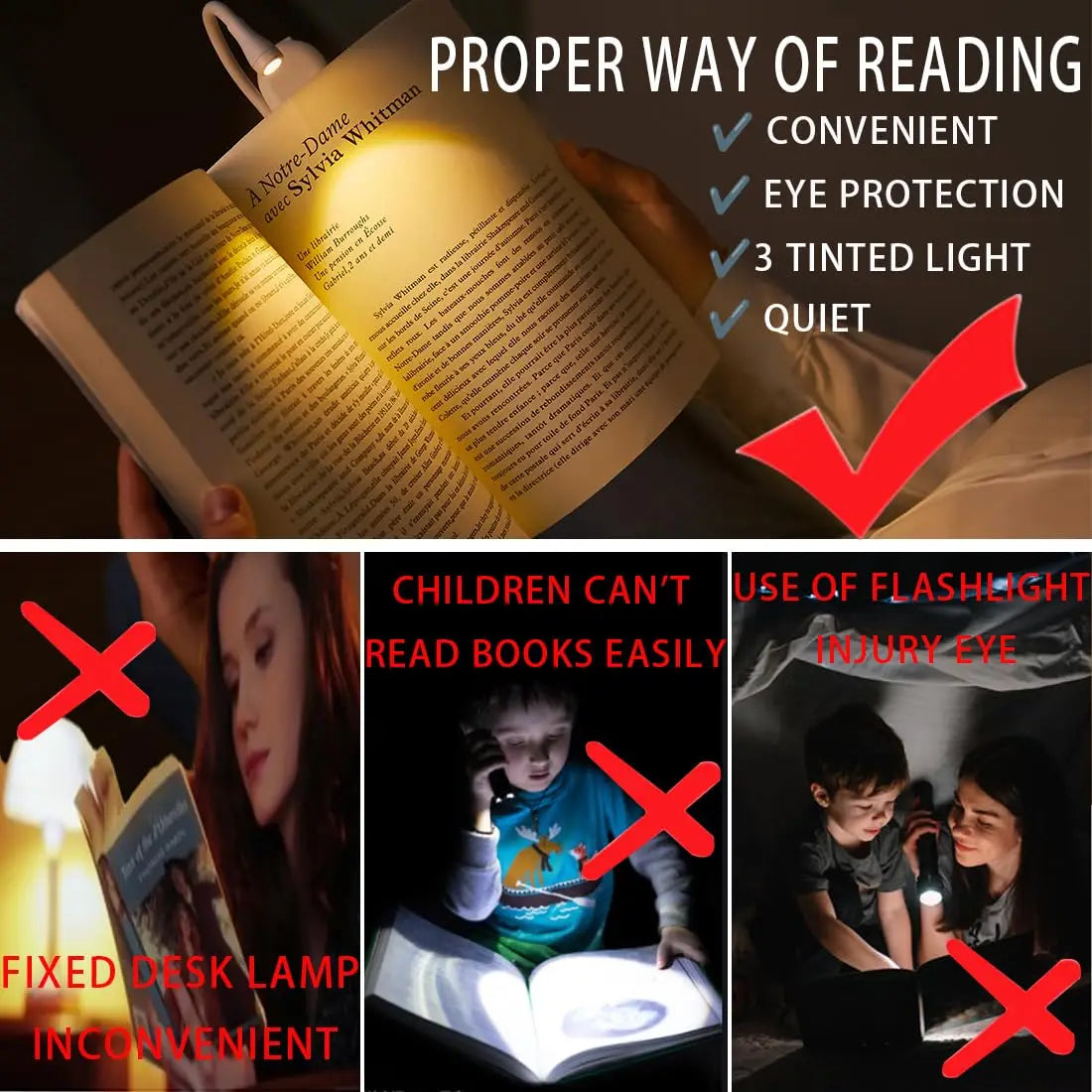 Portable Mini LED Book Light 3 Color Warm Cool White Rechargeable Clip 360° Flip Book Lamp for Travel Bedroom Reading Light