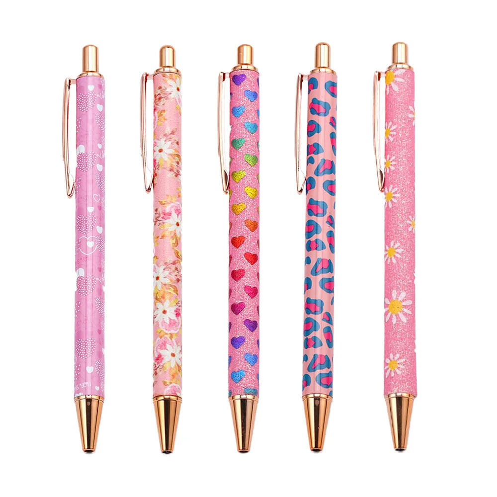 Lytwtw's Press Ballpoint Pen Luxury Cute Kawaii Pink Roseo Metal Stationery School Office Supplies Spinning 5 Pieces