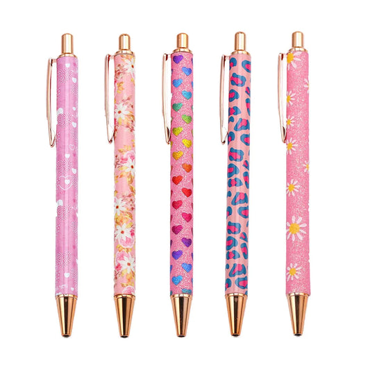 Lytwtw's Press Ballpoint Pen Luxury Cute Kawaii Pink Roseo Metal Stationery School Office Supplies Spinning 5 Pieces