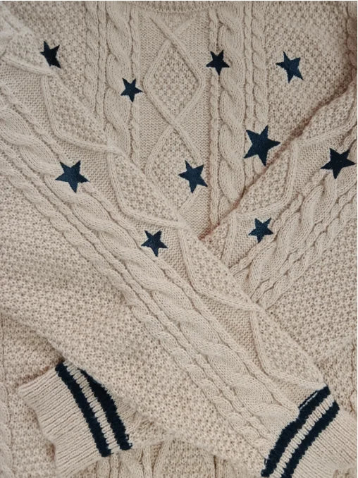 Fearless-Era Inspired Knitted Cardigan – Star Embroidered Cable Knit | Fan-Made Dupe