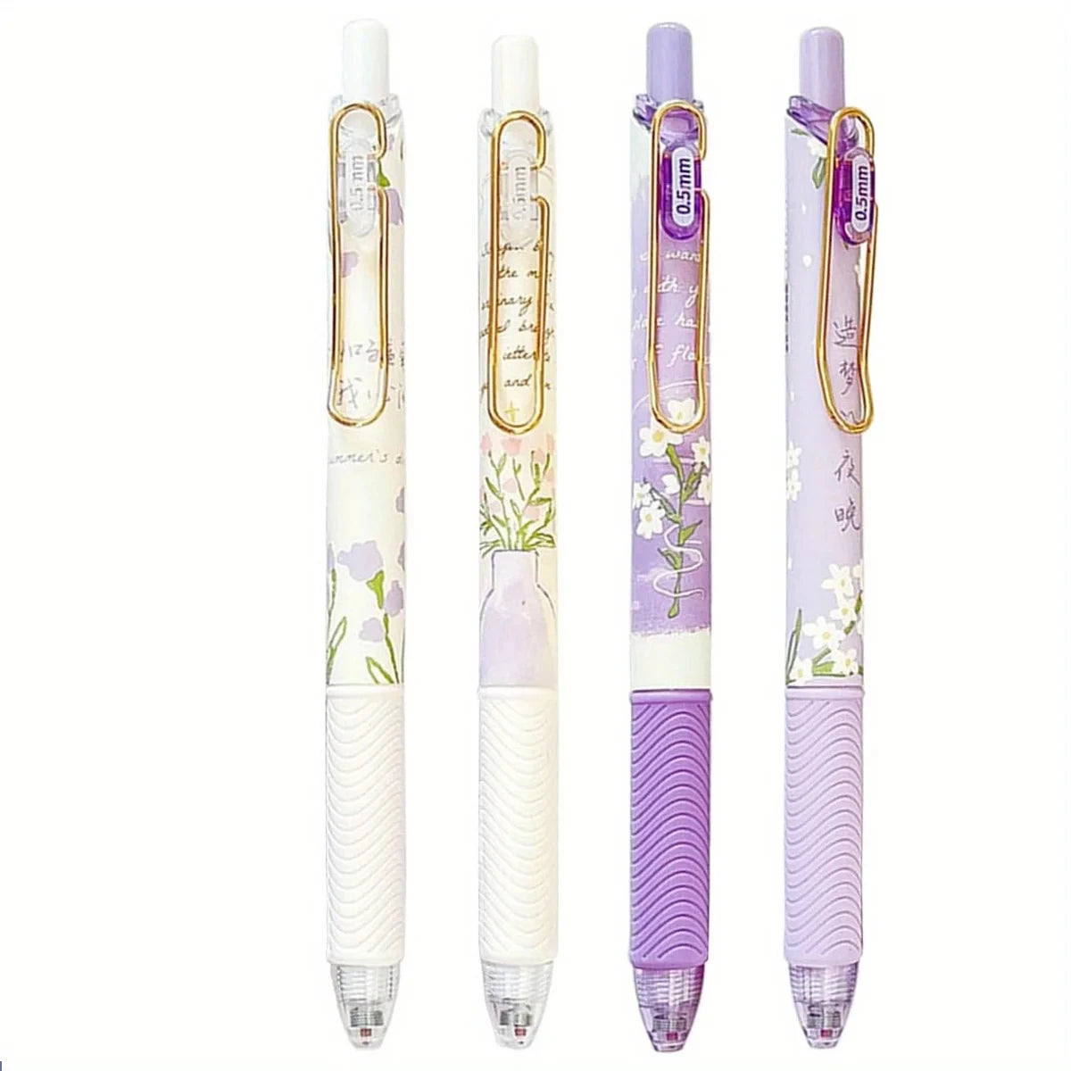 4pcs Cute Floral Retractable Gel Pen Set 0.5mm Fine Point Quick-Drying Black Ink Smooth Writing Pens for Office School Supplies