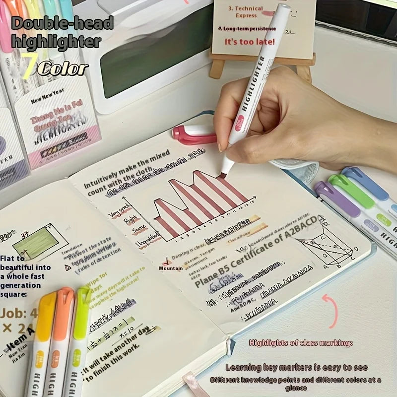 5 Colors Double Headed Highlighter Pen Set Fluorescent Drawing Markers Highlighters Pens Art Japanese Cute Pastel Stationery