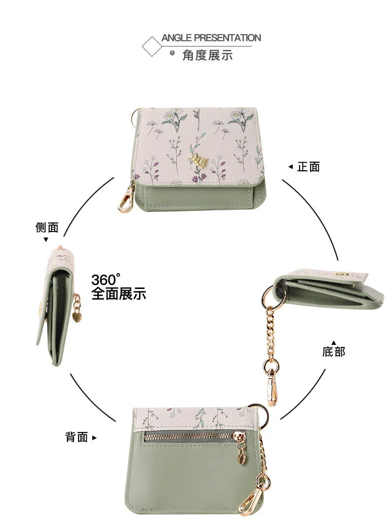 Card Bag Keychain Coin Purses Women's Compact Portable Change Bag Thin Design PU Leather Floral Print Coin Holders for Women