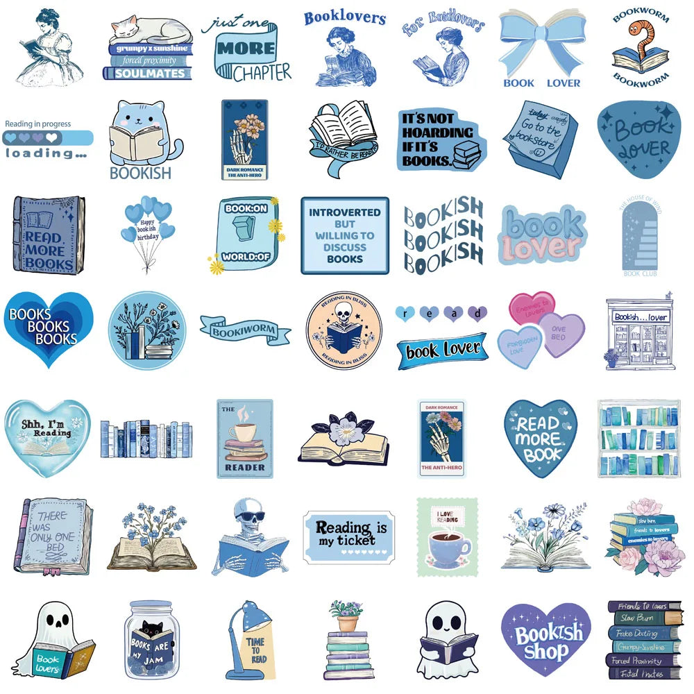 50PCS Blue Bookish Sticker Computer Graffiti DIY Case Desktop Phone Creative Art Picture Community DIY Decoration Stickers ﻿
