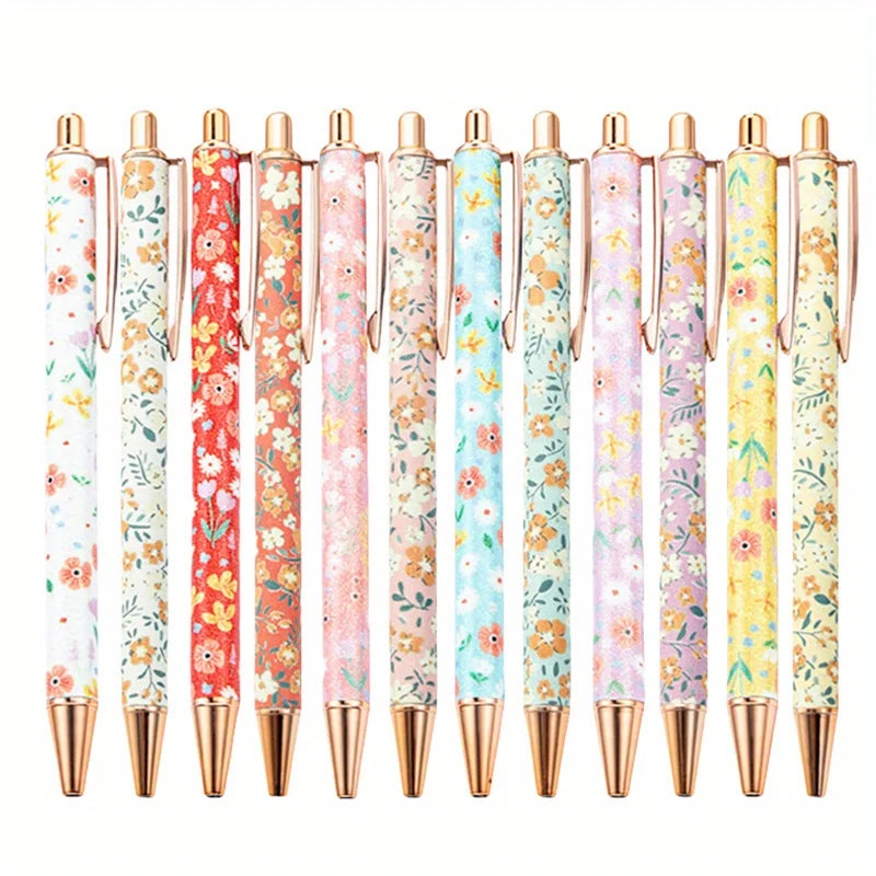 12pcs Floral Art Ballpoint Pens, 1.0mm Fashionable Retractable Ballpoint Pen Black Ballpoint Personalized Pens