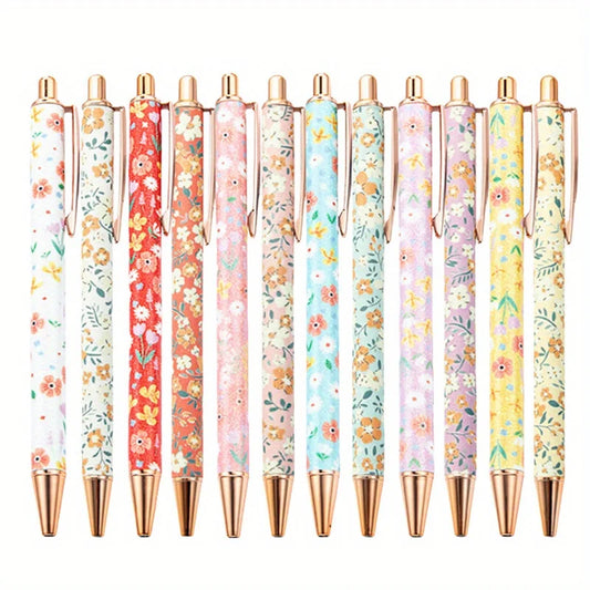 12pcs Floral Art Ballpoint Pens, 1.0mm Fashionable Retractable Ballpoint Pen Black Ballpoint Personalized Pens